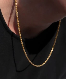 Collar de cadena de cuerda 3 mm 4 mm chapado en oro 14K para hombre joyería hip hop - Imagen 1 de 3
