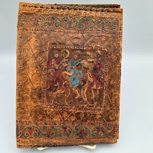 Vtg Old Italian Embossed Leather Journal Cover Cherubs Lion Scenes Distressed 9" - Picture 1 of 15