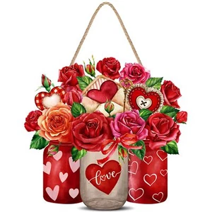 Valentine's Day Wooden Door Sign Hanger Rose Hanging Door Decor Sweet Love Fr... - Picture 1 of 7