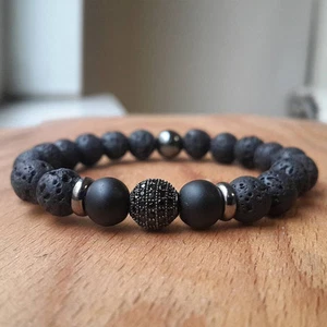 Charm 8MM Lava Rock Gunmetal Zircon Ball Bracelet Gemstone Beaded Men Bracelets - Picture 1 of 2