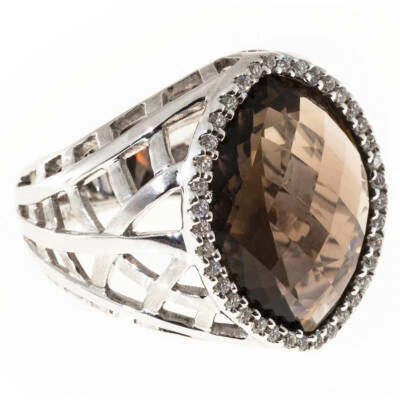 18.11cts Faceted Top Smoky Topaz & Halo Roung CZ Classic 925 Silver Women's Ring - Image 1 of 4