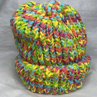 Handmade Crochet Terry Towel Strata Striped Rainbow Beanie Hat Super Soft OSFM - Image 1 of 4