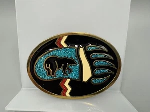 Vintage Bear Paw Track Turquoise Inlay Solid Brass Southwestern Belt Buckle - Picture 1 of 4