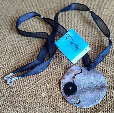 TICHE Collana con Pendente Tondo Bottone Nero - Argento 925 - Made in Italy - Immagine 1 di 4