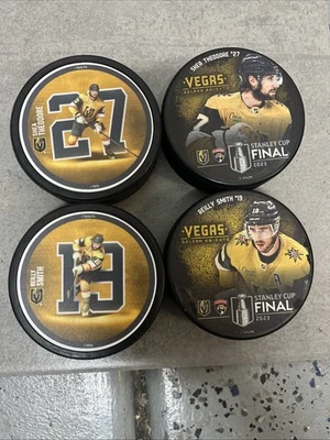 4 Vegas Golden Knights Pucks Player Reilly Smith And Shea Theodore Stanley Cup - Image 1 of 4