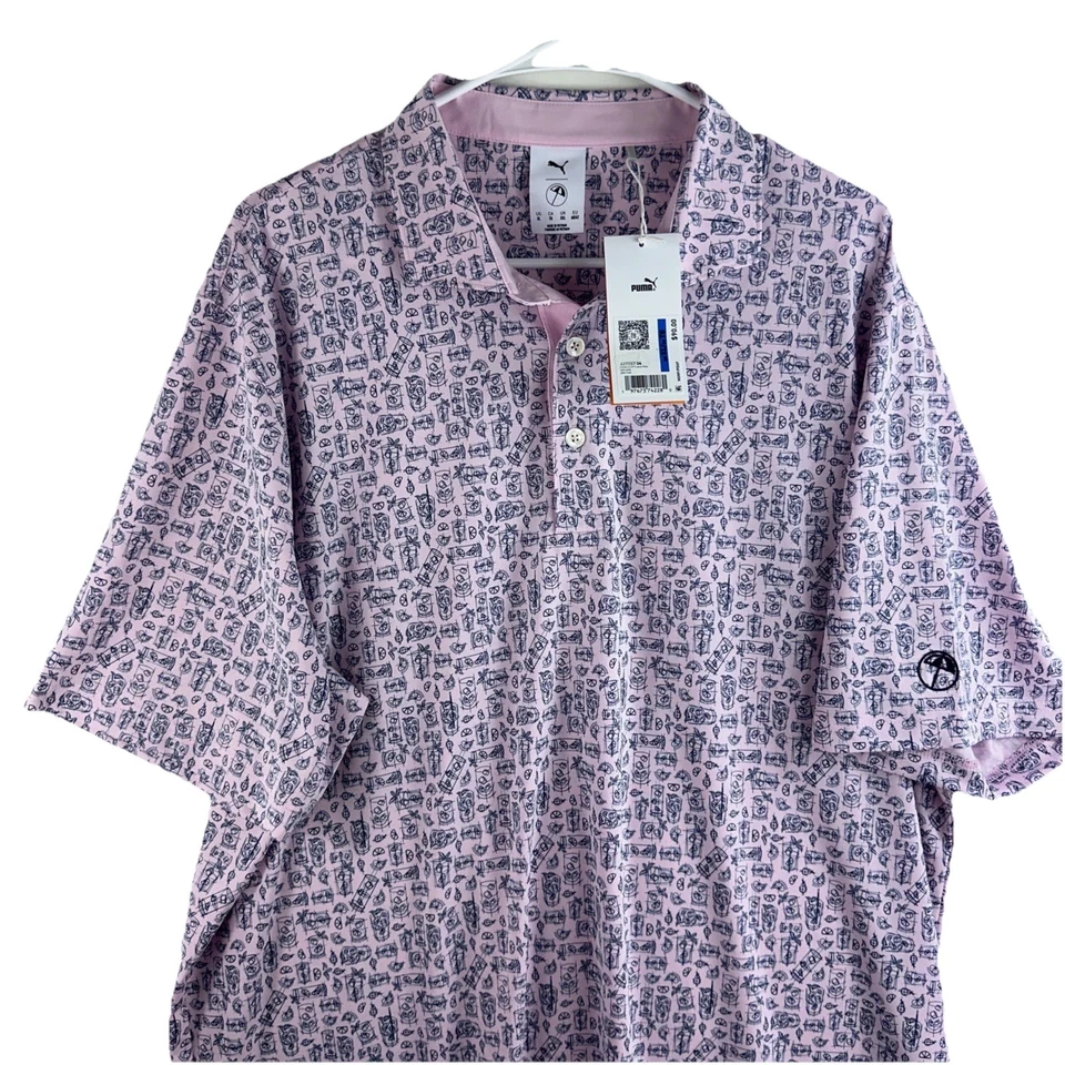 Puma x Arnold Palmer MATTR Pink AOP Drink Diagram Golf Polo Men’s XL B4