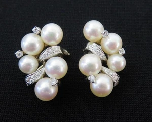 Orecchini Vintage 6mm Perle e Diamanti Oro Bianco 14K Omega Clip 1" 12,5 grammi - Foto 1 di 6
