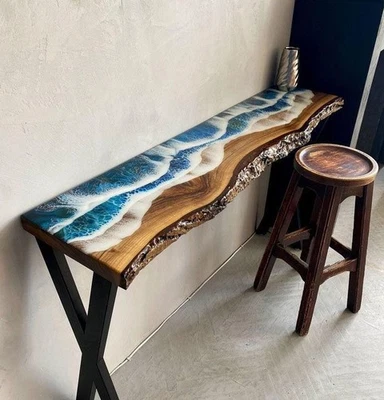 Blue River Resin console Table with Live Edge Wood  Handmade epoxy Console Table - Image 1 of 4