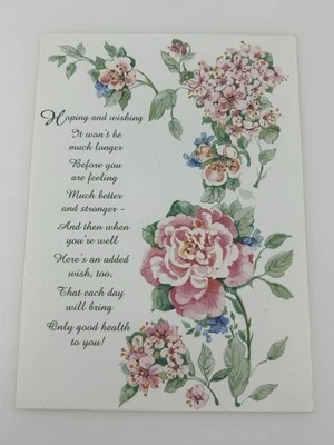 Tarjeta de felicitación Get Well flores rosas y azules "esperando y deseando" Liz Schreiner Foto 1 de 3