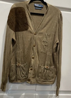 Cardigã masculino POLO by Ralph Lauren XL linho algodão marrom camurça patch usado - Imagem 1 de 4