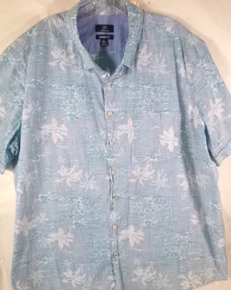 Camisa Hawaiana George-Mens-2XL XXL-Azul-Manga Corta-Botón Abajo-100% Algodón Foto 1 de 4