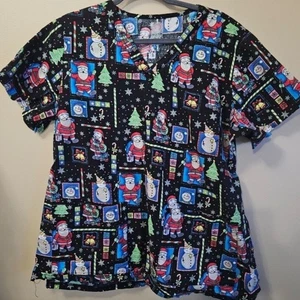 Peaches Scrubs Holiday Christmas Women's Size 2XL 100% Cotton Santa Snowman - Picture 1 of 3