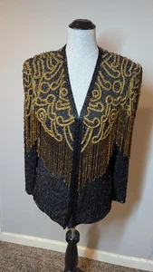 AJ Valenci Black Silk Gold Beaded Evening Jacket Sz Small - Picture 1 of 17