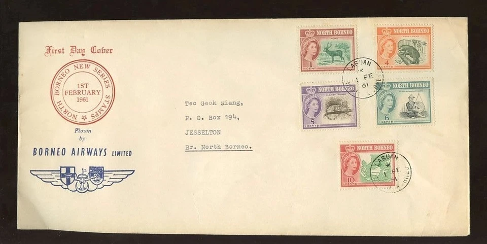 NORTH BORNEO 1961 PICTORIALS 1c to 10c .Labuan FDC..ILLUSTRATED BORNEO AIRWAYS - Image 1 of 1