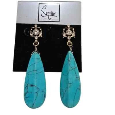 Sequin Women's Statement Earrings Gold Tone Turquoise Stone Pierced NWT - Image 1 of 3