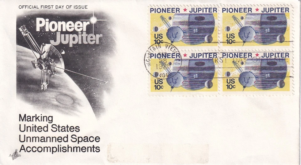 STAMP US SCOTT 1556 "Spacecraft" "Pioneer Jupiter" 10 CENT 1975 BLK of 4 FDC - F - Image 1 of 1