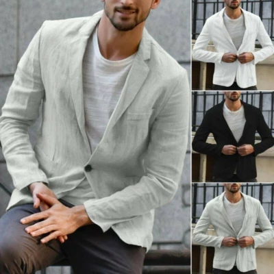 Mens Cotton Linen Long Sleeve Suits Blazer Casual Loose Button Down Tops - Image 1 of 4