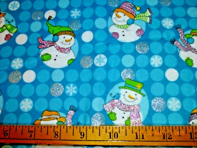 Snowmen in Circles, Glittery Blue Teal FLANNEL 2015 Fabric Traditions 4-3/4 yd - Image 1 of 3