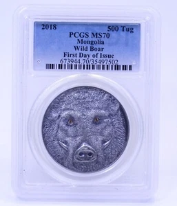 2018 WILD BOAR Mongolia 500 TUG PCGS MS70 FDOI 1 OZ 999 Silver Antique Finish - Picture 1 of 4