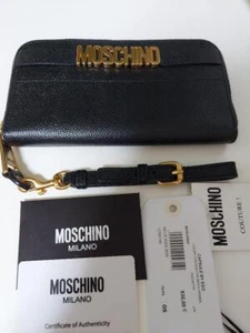 MOSCHINO Logo Wristlet Long Purse Gold Black Leather Zip Around Width 10.5cm  - Picture 1 of 7