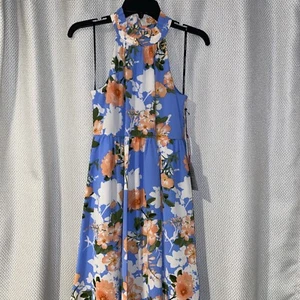 Vince Camuto Blue Floral High Ruffle Neck Keyhole Back Sleveless Dress Sz 4 Nwt - Picture 1 of 11