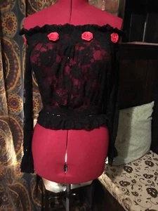 Burlesque Steampunk Goth Starline Lingerie Black Lace Off The Shoulder Top S/m - Picture 1 of 7