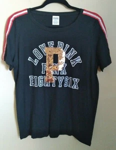 VICTORIA'S SECRET PINK GRAY RED STRIPE BLING SEQUIN VARSITY TEE SHIRT L - Picture 1 of 2