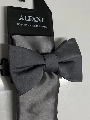New Alfani Macys Bow Tie And Pocket Square Set Shiny Gray Fabric - Image 1 of 4