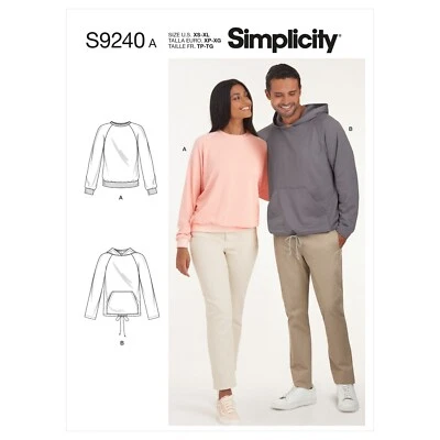 SIMPLICITY 9240 UNISEX RAGLAN PULLOVER SHIRTS Sewing Pattern Sizes XS & XL - Image 1 of 4