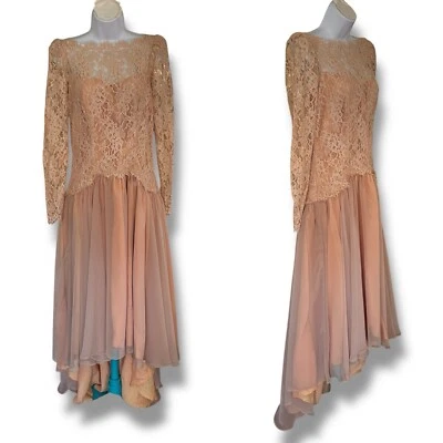 Vestido de Colección Sylvia Ann Encaje Corpiño Alto Bajo Talla 10 Melocotón Noche Baile de graduación Años 70 80 Foto 1 de 4