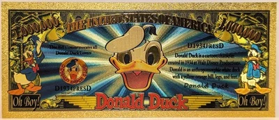 Donald Duck Disney Million Dollar 24K Gold Foil Plated Note Bill - XX112 - Image 1 of 2