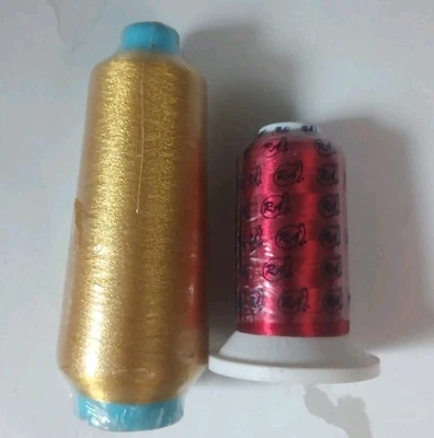 Metallic Embroidery Threads for Computerized Machines Gold and Rose Red - Image 1 of 4