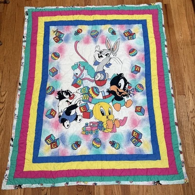 Vintage 90s Baby Looney Tunes Quilt Tweety Sylvester Bugs Donald Blanket Crib - Image 1 of 4