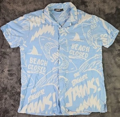 Jaws Shirt Mens L Blue Shark All Over Hawaiian Camp Beach Party Fun Travel - Image 1 of 4