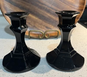 Vintage Indiana Glass Black Amethyst 4 " Candle Holders Set Of 2 - Picture 1 of 6