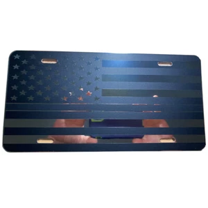 Thin Black Line Tactical US American Flag Matte Blk Mirrored Aluminum Car Tag - Imagen 1 de 5