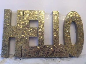 Wood HELLO Decorative Sign Standing Cutout Word Home Decor Glitter Sequin Gold - Picture 1 of 9