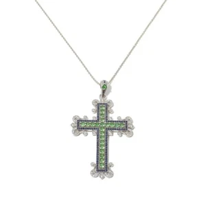 Womens Green Tsavorite & Blue Sapphire Cross Pendant, Sterling Silver Necklace - Picture 1 of 2