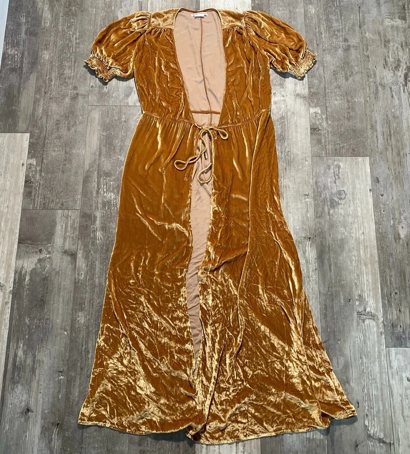 Vestido Reformation Peonie Midi Para Mujer M Dorado Terciopelo Envolvente Seda Corbata V Abertura Puff Foto 1 de 4