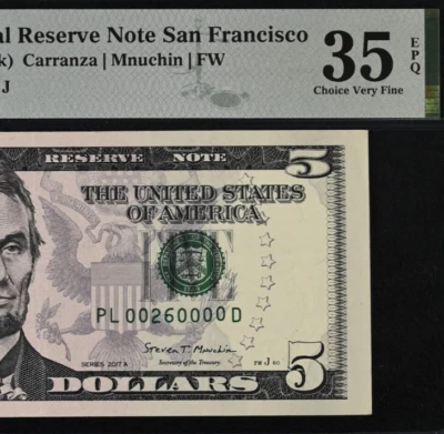 2017A $5 FRN San Francisco PMG 35EPQ - Fancy Birthday Serial Number 00260000 - Image 1 of 3