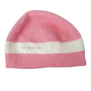 Bebe Pink White Silver Crystal Logo 69% Angora OS Beanie Skull Hat Cap - Picture 1 of 9