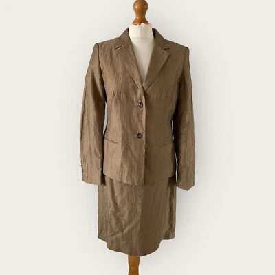 La Boutique Suit Blazer Jacket Skirt 2 Piece Sz 10 12 Brown Linen Mix Classic - Image 1 of 4