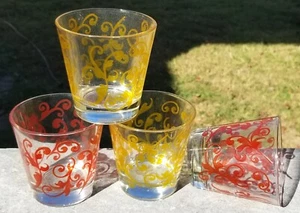 COCKTAIL GLASSES 4PC SET~LOW BALL~CLEAR~RED~YELLOW~SCROLLING SWIRLS~CERVE ITALY - Picture 1 of 14