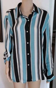 Josephine Chaus Women Sz 12 Teal Black White Striped Silk Blouse Button Up. SSH - Picture 1 of 12