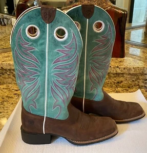 Ariat Round Up Ryder Womens size 6 1/2 Brown & Blue #10029751 Leather Square Toe - Picture 1 of 5
