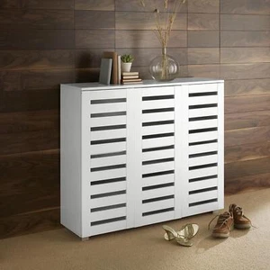 3 Door Shoe Storage Cabinet White Wooden Rack Stand Cupboard Slatted Doors Oslo - Picture 1 of 7