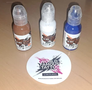 World Famous Tattoo Ink 3 Bottle Set 1oz NAVY SEALS BLUE; PORTRAIT WHITE, SAHARA - Picture 1 of 3