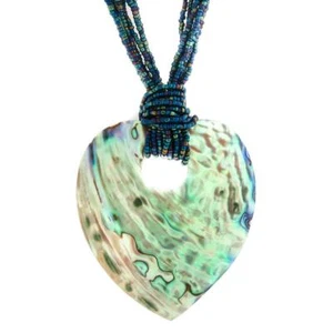 "Raro Collar de Cuentas de Semilla de Pavo Pao Cáscara de Abalón Corazón Grande, 3 1/2" - Imagen 1 de 4