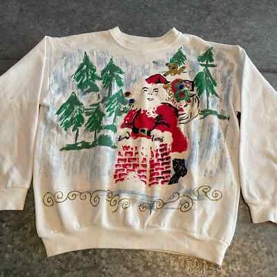 Sudadera Vintage Pintada a Mano Santa Navidad Cuello Redondo EE. UU. Mujer Grande Blanca Foto 1 de 4