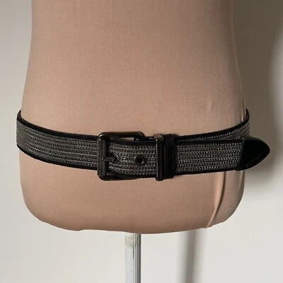 Suzi Roher Canada Black Leather Silver Tone Chain Adjustable Belt EUC Size M - Image 1 of 4